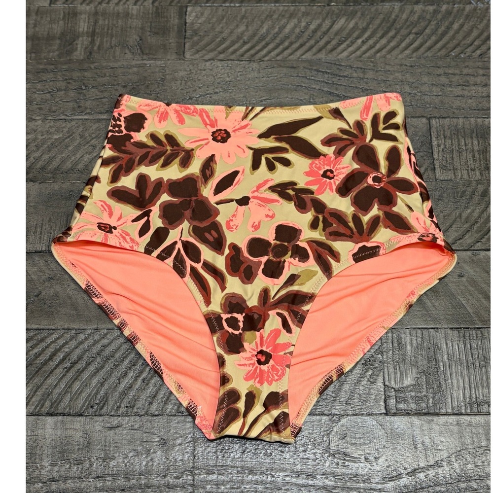 Aerie High Waisted Bikini Bottom XS Floral Tan Pink Brown NWT Real Good